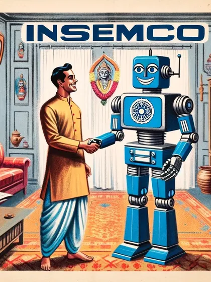 An illustration showing a man shaking hands with an INSEMCO robot in a traditional Indian living room. This highlights the moment of acceptance and integration of the technology.
