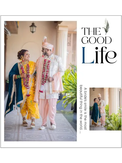 A candid shot of the couple walking together, showcasing the bride's beautiful yellow and blue Maharashtrian wedding saree.