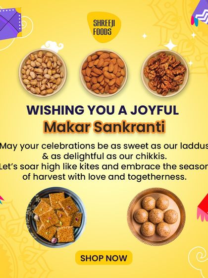 Wishing you a joyful Makar Sankranti. May your celebrations be as sweet as our laddus and chikkis, made with the finest ingredients.