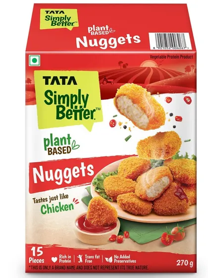 For Tata Simply Better's plant based Nuggets, I created a composition that shows the product both on a plate with dip and broken open to reveal the texture. This helps customers visualize how they can enjoy the product.