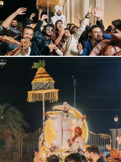 A collage showing the groom's Baraat, from the energetic dancing with friends to his grand arrival on a decorated vehicle.