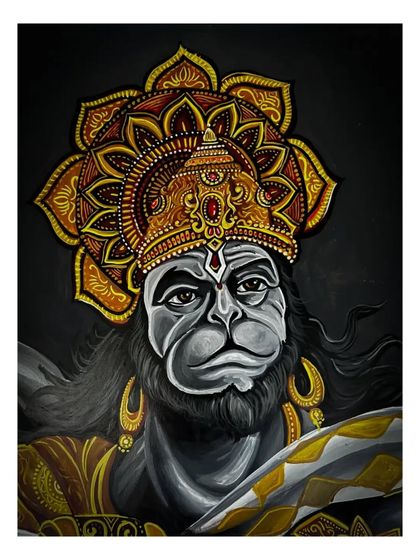This is an identical shot of the Hanuman portrait, showcasing the fine details. Every brushstroke on the crown and face is intentional, meant to capture the divine essence of Maruti.