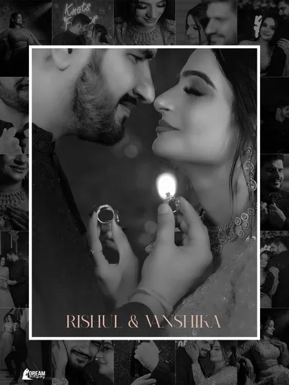 A beautiful black and white collage of Rishul and Vanshika, with a central image of them holding their rings.