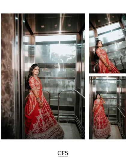 A collage of the bride in her stunning red reception lehenga, posing inside a modern elevator. This creates a unique, urban, and stylish set of bridal portraits.