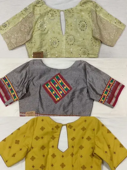 A collection of three ready-made blouses, each with a unique personality. From a lime green blouse with mirror work to a simple yellow Kasuti piece, there is something for every taste.