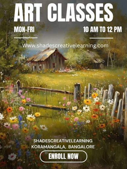 An invitation to enroll in our weekday art classes, featuring a serene landscape painting.