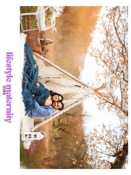 A creative collage with a rotated perspective, showing a couple enjoying a relaxed moment in a hammock during their outdoor "lifestyle maternity" session.
