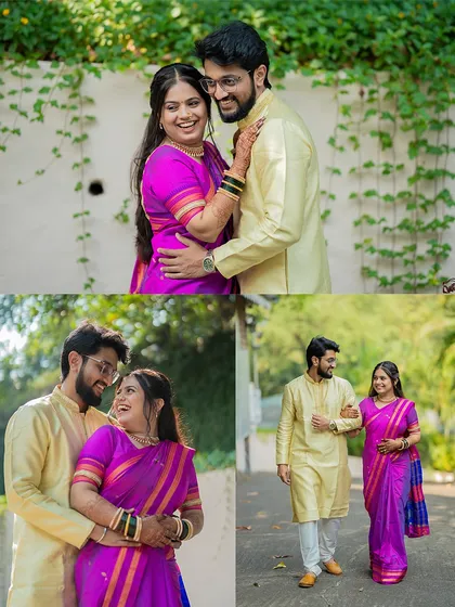A collage of happy, candid moments from Vivek and Shraddha's outdoor engagement shoot. It shows their joyful personalities and love for each other.