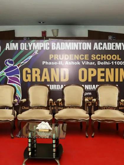 The banner from our grand opening event for the Aim Olympic Badminton Academy. We are proud to have established a premier destination for badminton training in Delhi.