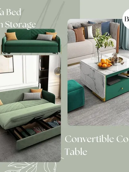 This carousel post showcases a sofa bed with built-in storage and a convertible coffee table. These pieces are perfect examples of furniture that works harder for you, providing comfort, style, and extra storage all in one.