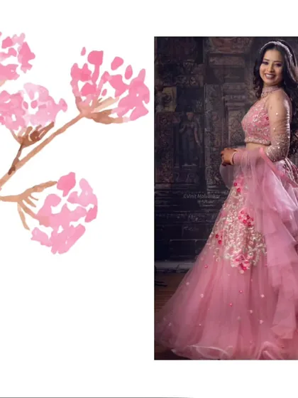 A collage showing off the details of this beautiful pink tiered ruffle lehenga. It's a modern, fun, and fashionable choice for any celebration.