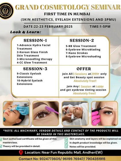 The official poster for our Grand Cosmetology Seminar. It details all the advanced treatments you can learn in our look-and-learn sessions, from Hydra Facials to nano strokes and hybrid lashes.