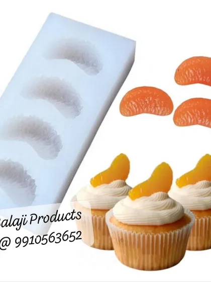 This silicone mold creates realistic orange slices, perfect as embeds for dessert-themed soaps or candles. The image shows how they can be used to decorate a cupcake-style candle.