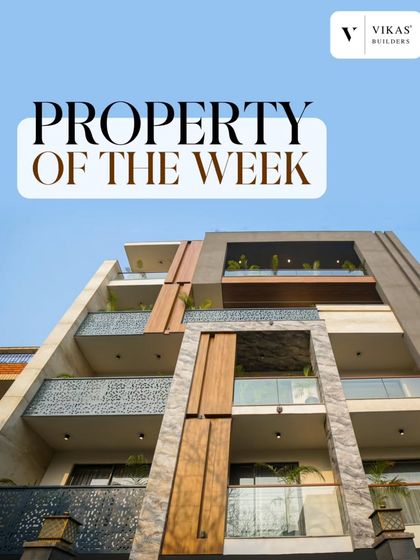 Our property of the week features a stunning modern facade with multiple balconies. The design incorporates wood, stone, and intricate metal railings for a textured and luxurious exterior.