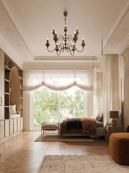 A panoramic view of the bedroom with the custom study wall. The design seamlessly integrates work, relaxation, and sleep into one harmonious and beautifully appointed space.