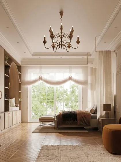 A panoramic view of the bedroom with the custom study wall. The design seamlessly integrates work, relaxation, and sleep into one harmonious and beautifully appointed space.