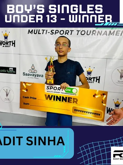 Seeing my students succeed is the greatest reward. Here is Aadit Sinha after winning the Under 13 Boy's Singles title at a multi-sport tournament, a result of his relentless effort in our youth shuttle practice sessions.