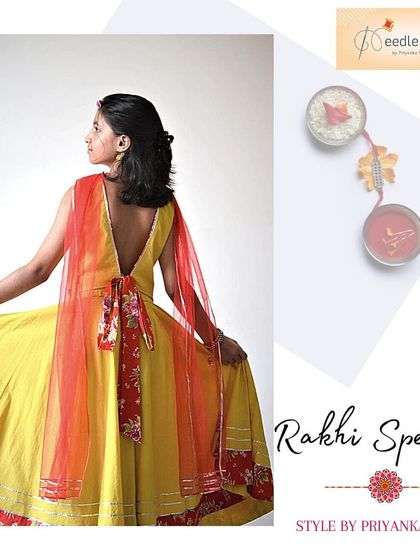 For a teenage girl, this yellow cotton lehenga with a stylish backless choli is a modern take on traditional wear. The gota work and floral borders add a festive touch, perfect for Rakhi. Image 28 shows another pose.