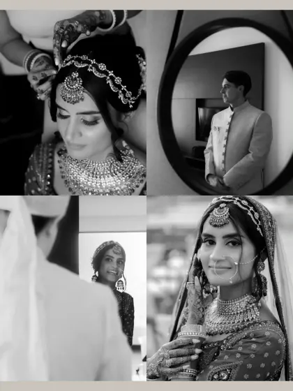 A collage of black and white images showing the bride getting ready and the groom's reflection, building anticipation for their first look.