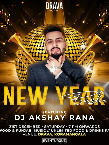 A poster for the New Year Bash at Drava, Koramangala. I provided the Bollywood and Punjabi soundtrack for an unforgettable night with unlimited food and drinks.