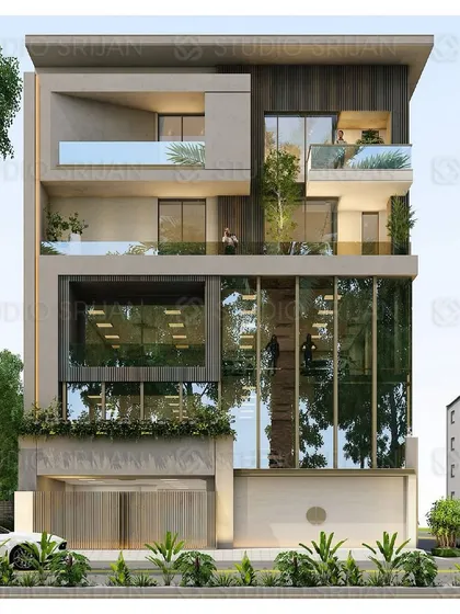 The front elevation of the Naraina Vihar project, showing the clear distinction between the public and private zones. The residential floors are set back, creating terraces and a sense of privacy.