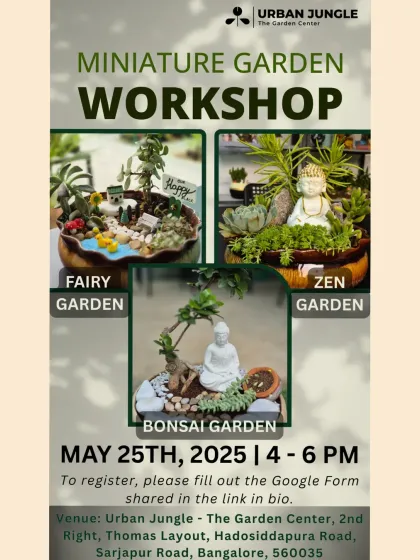 Here are all the details for our next Miniature Garden Workshop. You can choose between creating a whimsical Fairy Garden, a peaceful Zen Garden, or a structured Bonsai Garden. All materials are provided, so you just need to bring your creativity.