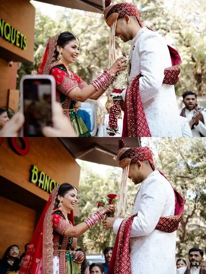 A collage showing the groom's welcome at the wedding venue, a moment filled with fun, tradition, and a red rose.
