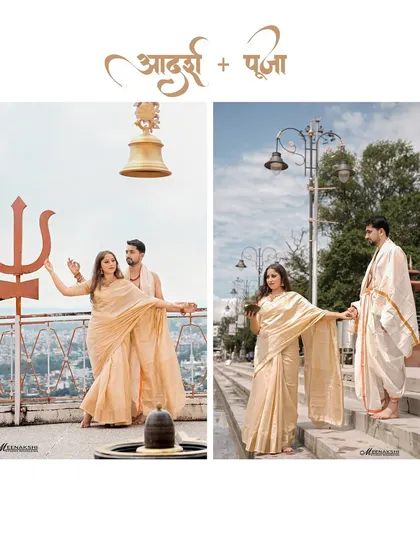 A diptych capturing the couple's spiritual pre-wedding story. On the left, they pose with a Trishul and temple bell; on the right, they descend the ghat steps, creating a narrative of their journey together.
