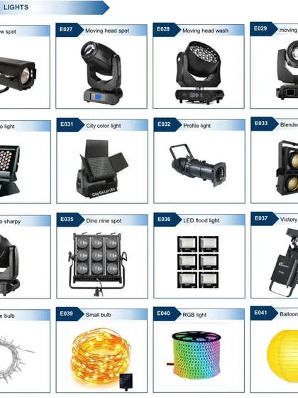 A look at my advanced lighting equipment for creating dynamic effects. This includes moving head spots and washes, follow spots, profile lights, and various decorative lights like fairy lights and RGB bulbs.