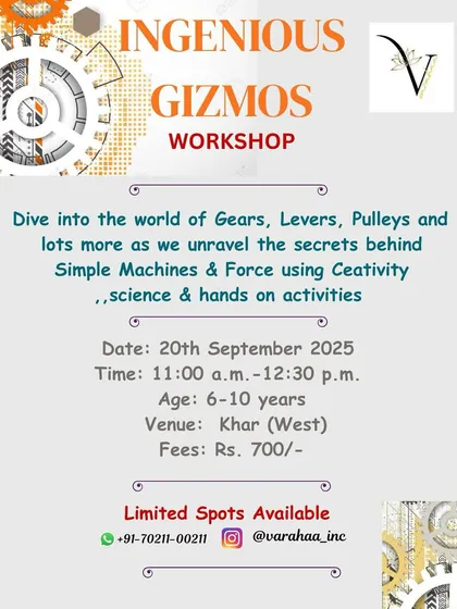 The "Ingenious Gizmos" workshop is all about the fundamentals of engineering. We explore simple machines like gears, levers, and pulleys through hands-on activities and creative building challenges.