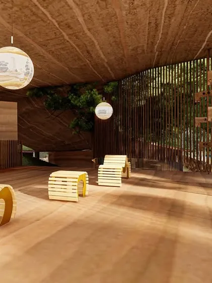 Custom-designed benches and seating areas are integrated into the Pavilion's open plan. These elements are crafted from simple timber, reflecting the material palette of the building and providing informal spots for rest and reflection.