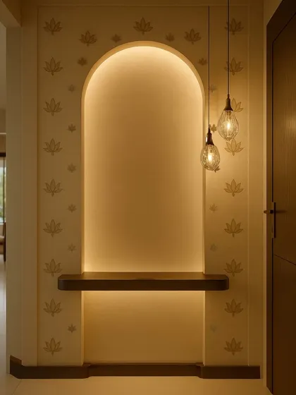 Attention to detail is key. This foyer design features a beautifully lit arch niche, creating a warm and welcoming entryway. The subtle lotus motif wallpaper adds a touch of traditional elegance.
