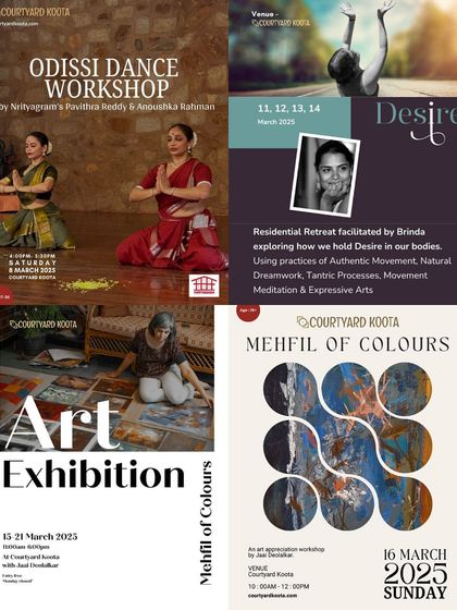 A collage of posters from our March 2025 events, including an Odissi dance workshop, an art exhibition, and a residential retreat.