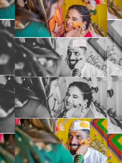 A collage of black and white images from a Haldi ceremony, highlighting the raw emotions and playful moments of the event.