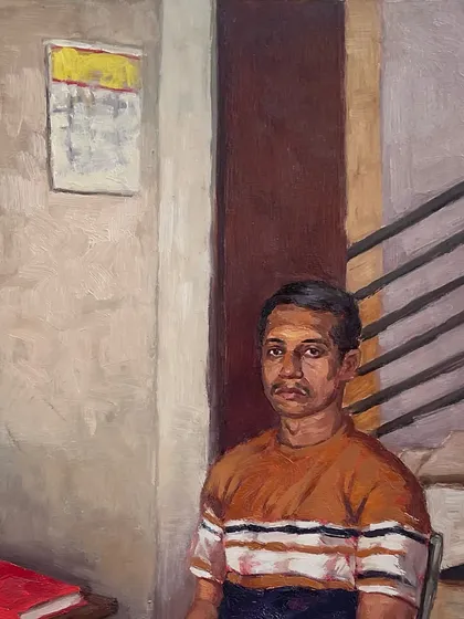 A closer look at the painting "Solitude," focusing on the subject's expression and the simple, quiet setting.