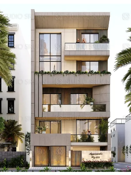 A modern elevation for a 220 sq. yard plot in Shiv Nagar. The design uses a simple palette of concrete and wood, with clean lines and well-proportioned balconies creating a sense of calm and order.