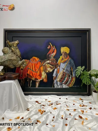 An artist spotlight on Parshuram Patil, whose hyper-realistic work captures a traditional drummer with his decorated bull, a scene rich in cultural detail.