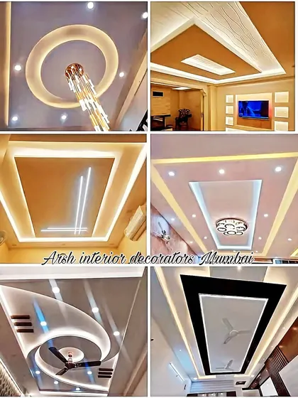 A collection of gypsum false ceiling designs for living rooms, featuring elegant chandeliers, fans, and clean, modern lines.