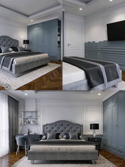 A treat for the eyes. This collage shows a completed triplex house bedroom, featuring a classic tufted headboard, Duco-painted wardrobes, and elegant wall mouldings for a luxurious feel.