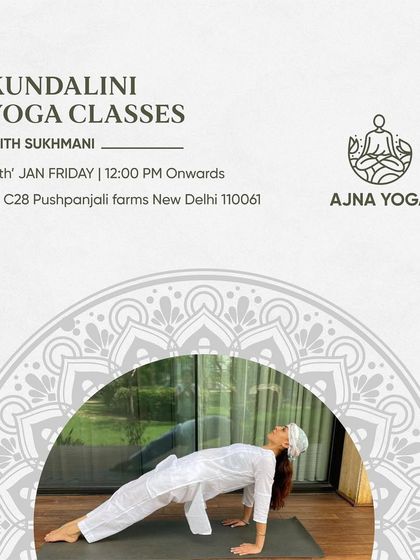 An announcement for my weekly Kundalini yoga classes. The image shows a reverse plank pose, a posture that builds core strength and opens the heart.