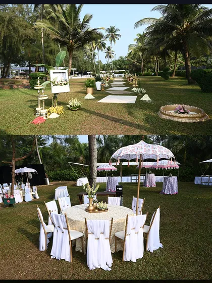 The guest seating and pathways for the white-themed wedding were designed with simplicity and elegance in mind, allowing the beauty of the natural surroundings and the main mandap to shine.