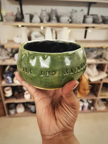 This student created a wonderful variety of forms and textures in her beginner's course, from a marbled Nerikomi bowl to a textured mug with a unique handle.