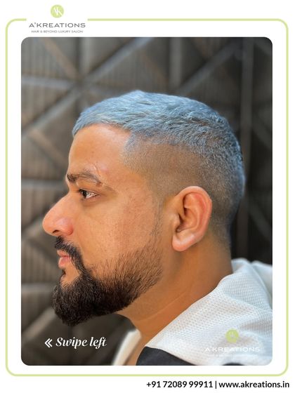 Men's hair coloring is about precision and style. This client chose a bold icy blue, which we paired with a sharp fade for a modern, edgy look.