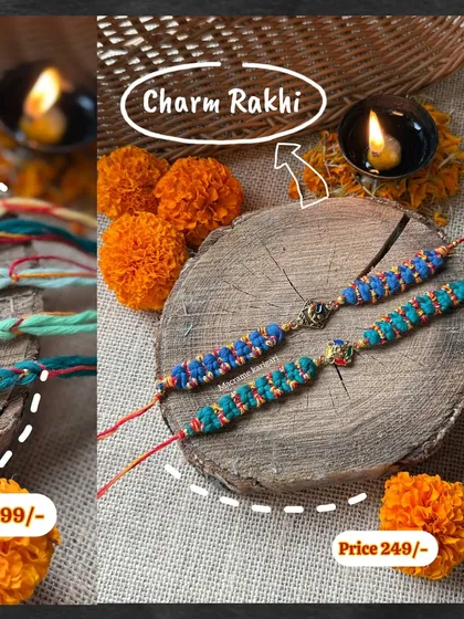 Our Charm Rakhis feature intricate macrame knotting and a central charm piece. They are a beautiful and durable token of love.