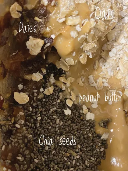 I believe in full transparency, so you can see exactly what goes into my treats. This is the mix for my energy bites, just simple, wholesome ingredients like oats, dates, chia seeds, and my homemade peanut butter.