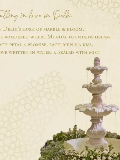 We often incorporate classic elements like this multi-tiered marble fountain, surrounded by a bed of white flowers, to add a touch of Mughal-inspired romance and grandeur.