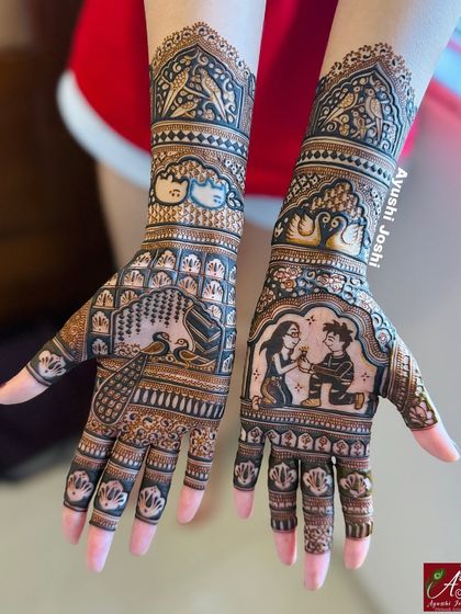 A clear shot of the completed engagement mehendi, showcasing the balance between the personalized story and classic Indian patterns.