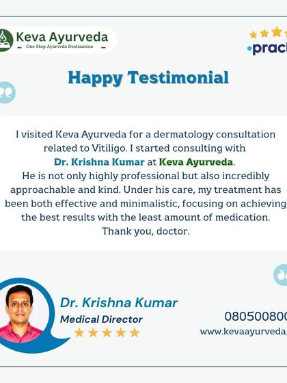 This happy testimonial from a patient treated for Vitiligo highlights Dr. Krishna Kumar's professional, approachable, and kind nature. The patient valued our effective and minimalistic approach, which focused on achieving the best results with the least medication.
