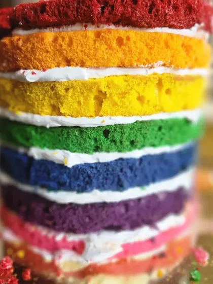 The final stacked layers of our rainbow cake, showing all the colors of the rainbow ready to be frosted.
