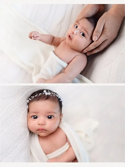 A collage of precious moments from a newborn session, including close-ups and a shot of the baby being held by her parents.